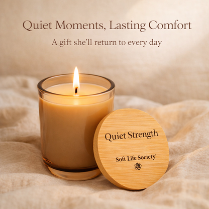 Candle with wooden lid labeled 'Quiet Strength' from 'Soft Life Society' on a soft fabric background.