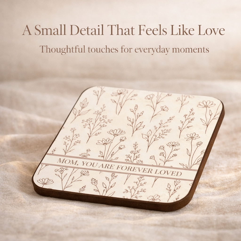 Coaster with floral pattern and text on a wooden surface