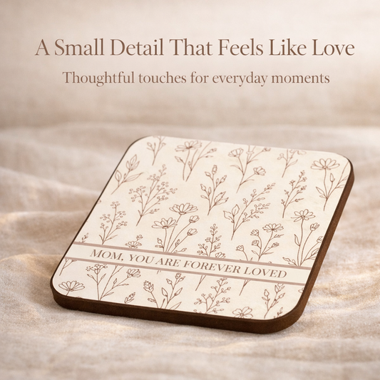 Coaster with floral pattern and text on a wooden surface