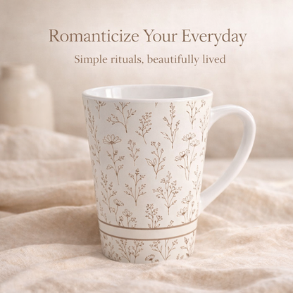 Decorative mug with floral patterns on a soft fabric background, featuring text 'Romanticize Your Everyday'.