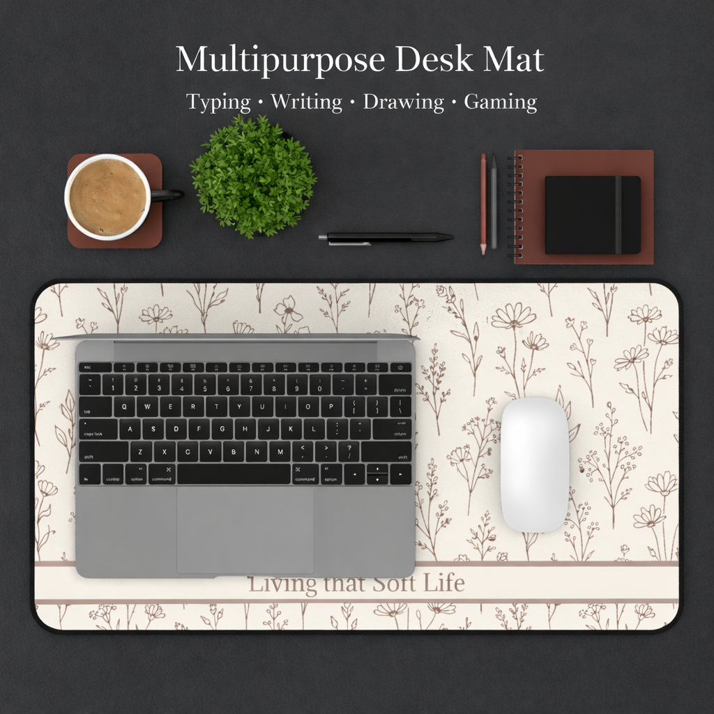 Desk setup with a laptop, mouse, and stationery on a floral desk mat.