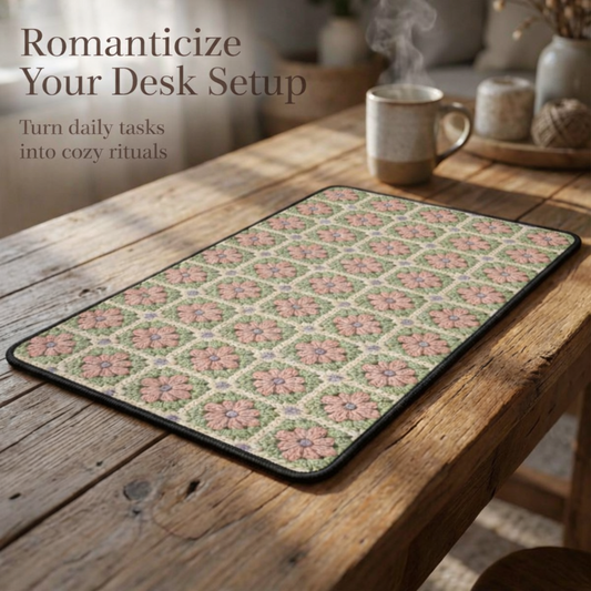 Floral patterned mat on a wooden desk with a cup of coffee, text 'Romanticize Your Desk Setup'.
