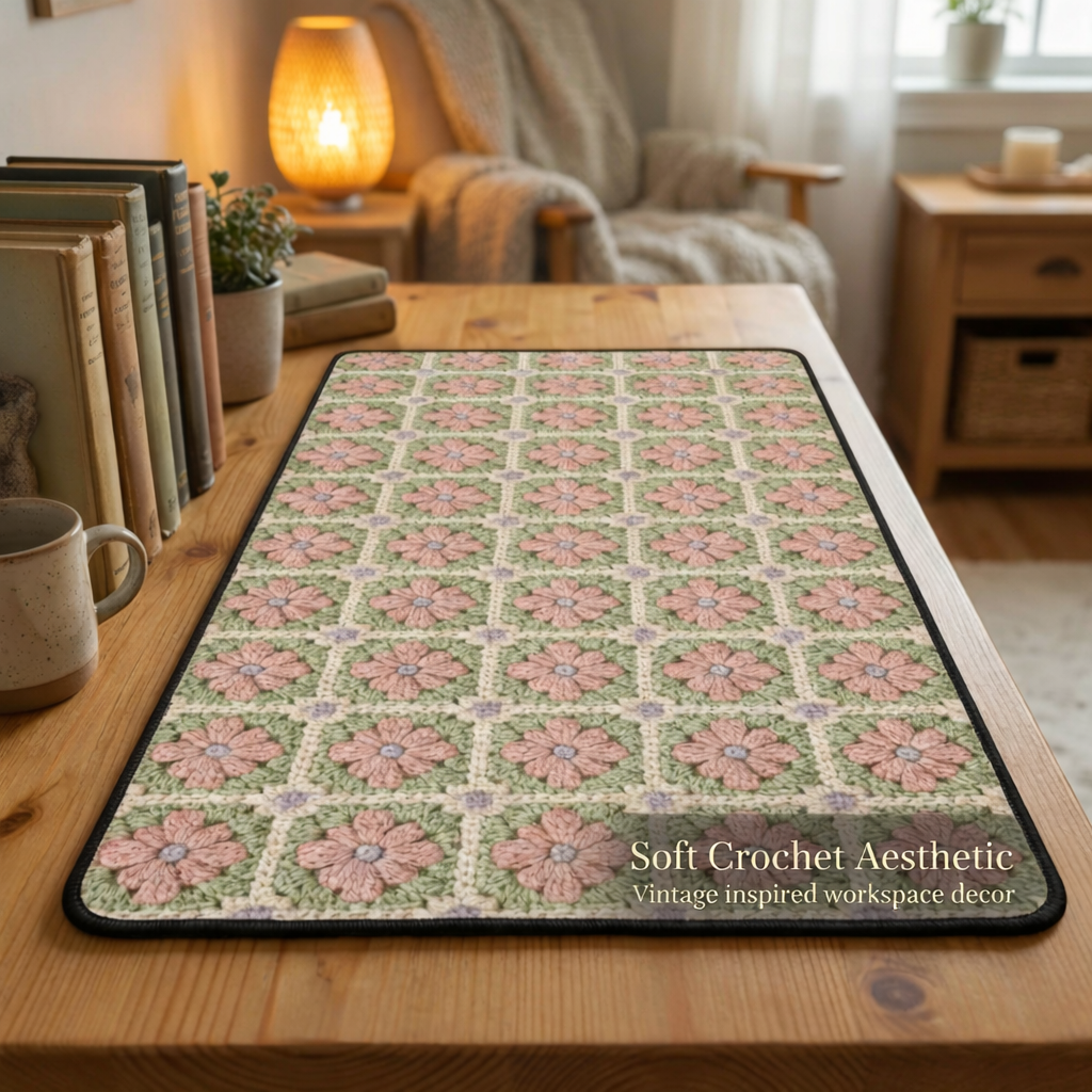 Floral patterned mat on a wooden desk with a cozy room background