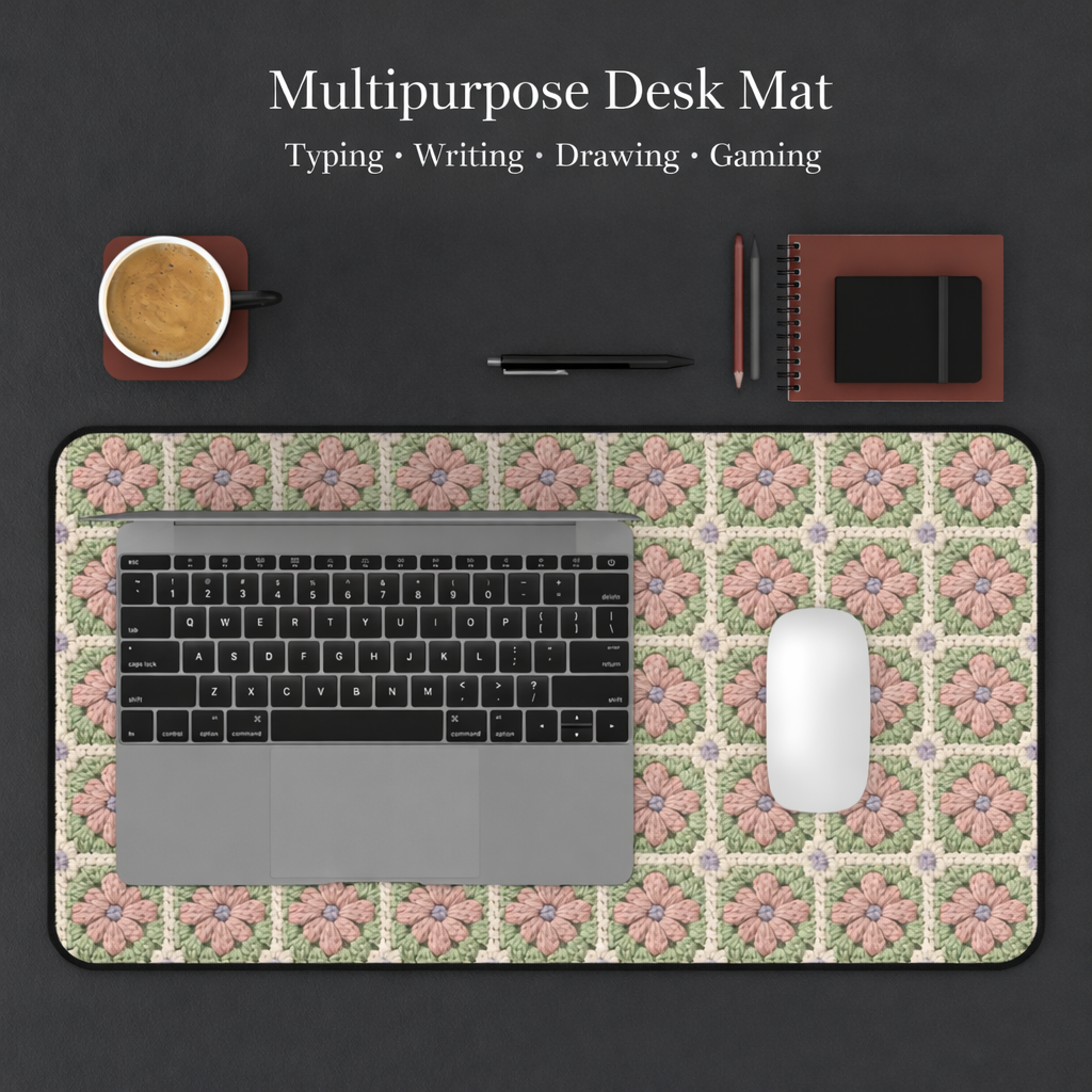 Floral patterned desk mat with laptop, mouse, and office supplies on a dark surface