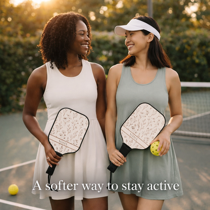Two women on a tennis court holding pickleball paddles with text 'A softer way to stay active'.