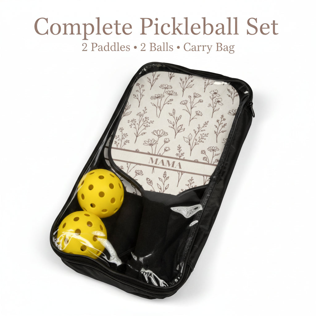 Black bag with yellow pickleballs and a floral-patterned paddles inside, on a white background