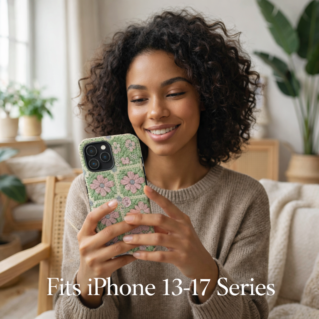 Woman holding a phone with a floral case in a cozy living room.