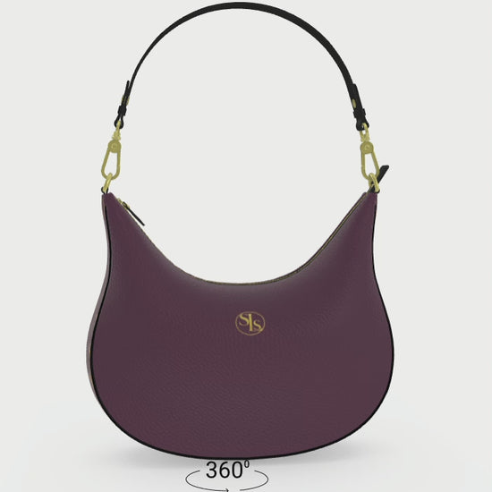 360-degree view of the plum leather SLS hobo bag with gold accents and curved silhouette.