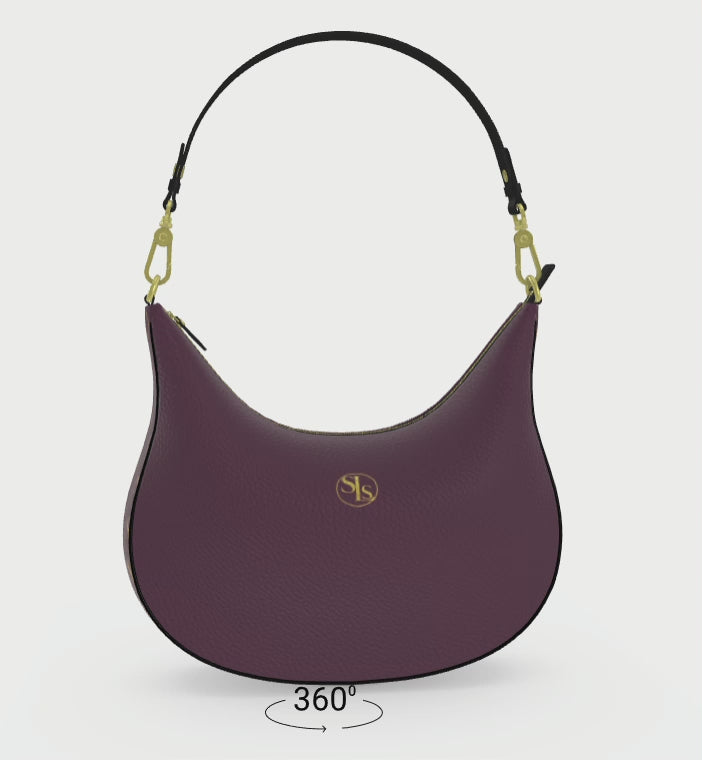 360-degree view of the plum leather SLS hobo bag with gold accents and curved silhouette.