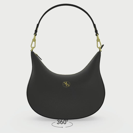 360-degree render of the Soft Life Society™ Crescent leather bag in black with gold hardware and centered gold SLS logo.
