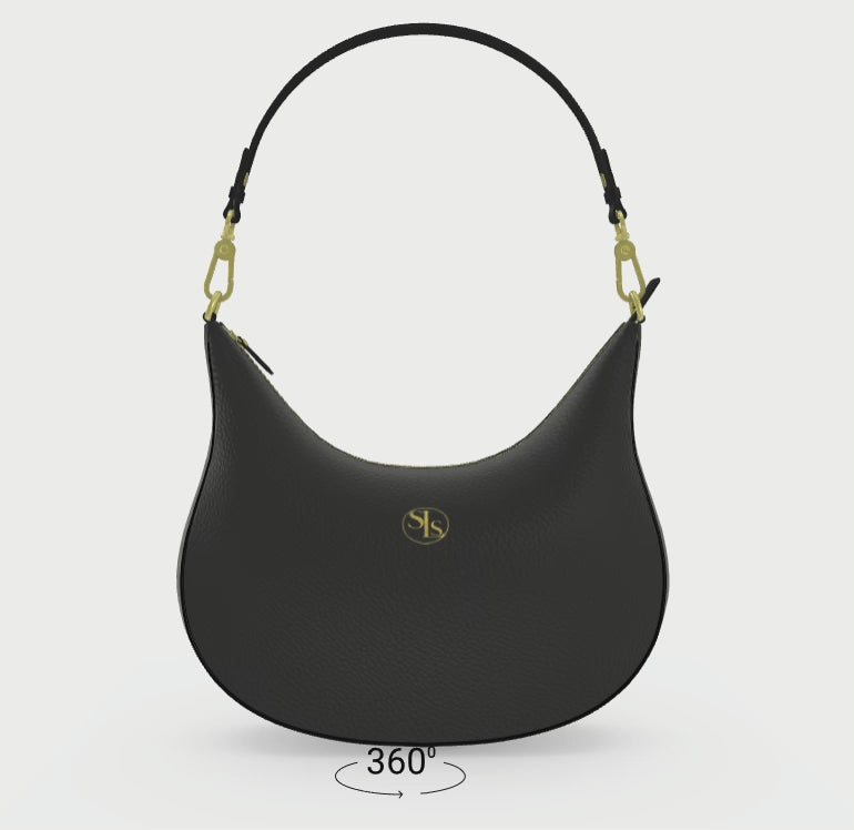 360-degree render of the Soft Life Society™ Crescent leather bag in black with gold hardware and centered gold SLS logo.
