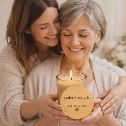 Video of daughter gifting mother with "Quiet Strength" Soft Life Society engraved candle.