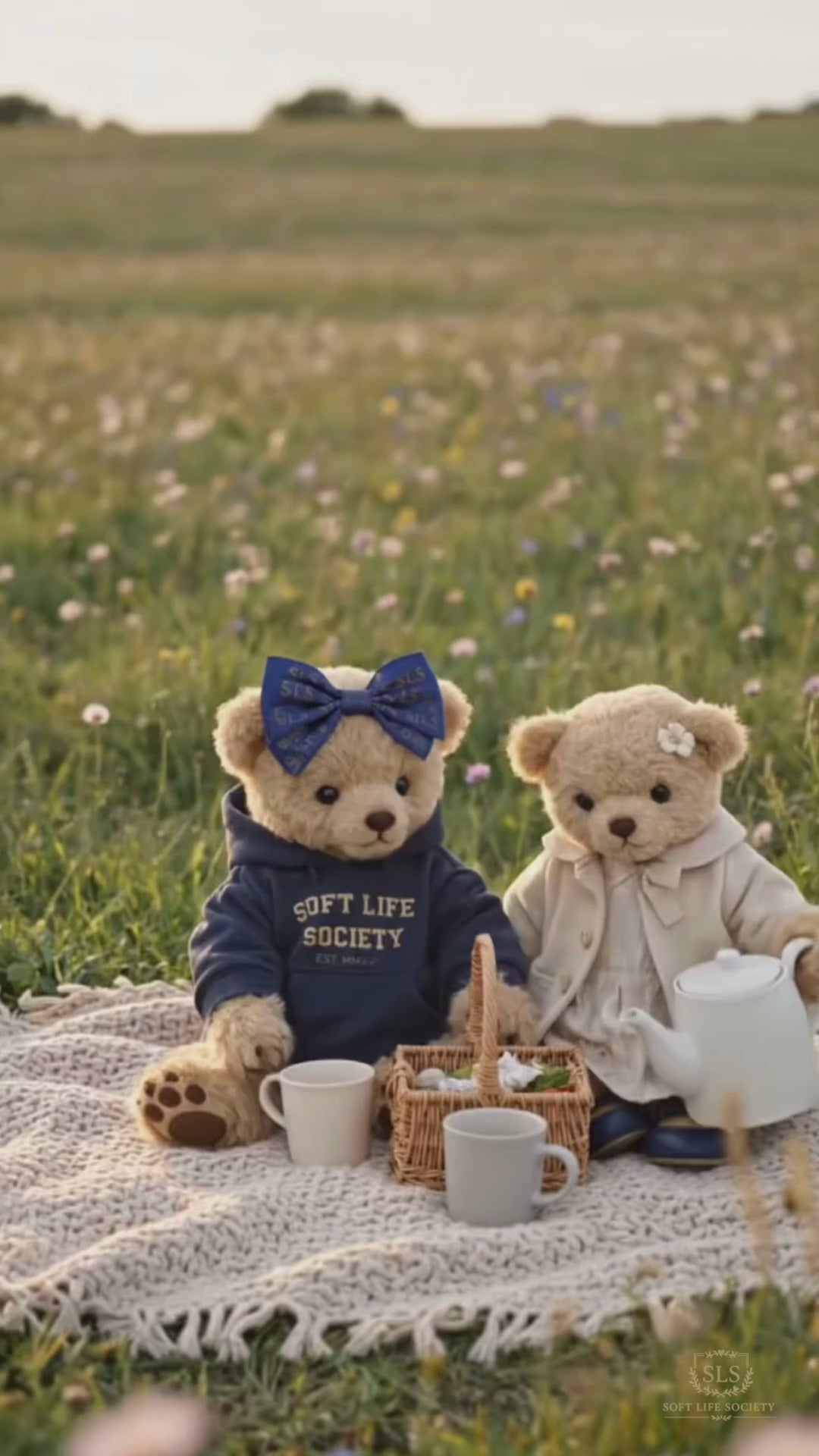Soft Life Society teddy bears wearing hoodies enjoying a cozy outdoor picnic with tea in a peaceful field