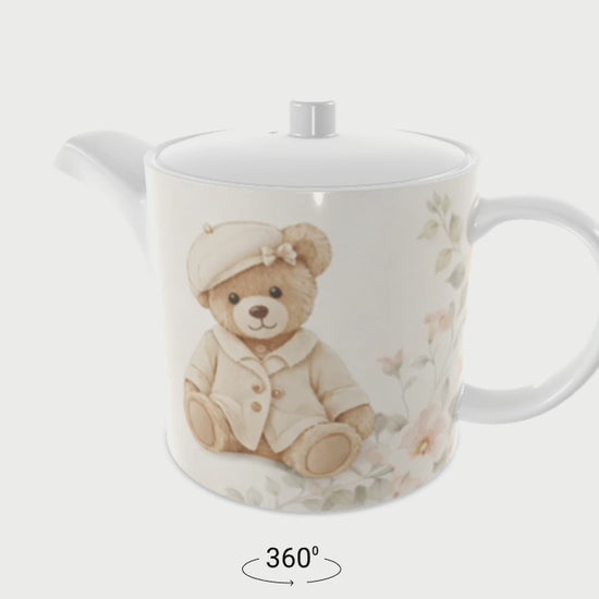 360 video of bone china teapot featuring teddy bear design and floral
