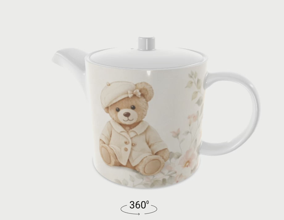 360 video of bone china teapot featuring teddy bear design and floral