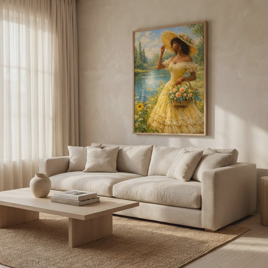 Video of framed fine painting of a black woman in a yellow dress standing near a river.