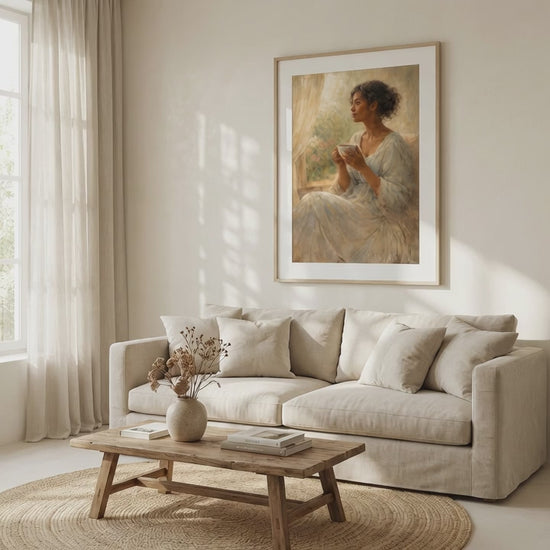 Video showing large-scale framed vintage portrait art displayed in a serene living room setting to demonstrate size and atmosphere.