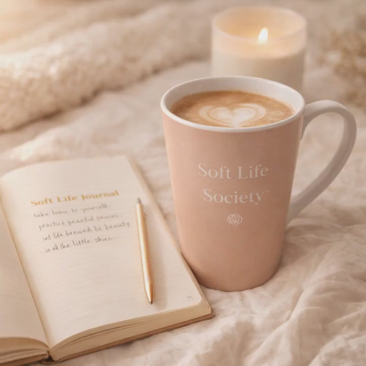 Soft Life Society Latte Mug video advertisement featuring "Soft mornings start here."