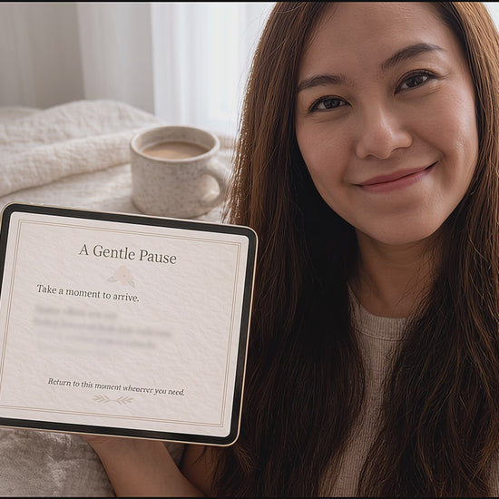 Short video of a woman reading a digital ritual card on a tablet in a calm, neutral home environment, demonstrating a gentle daily mindfulness practice.