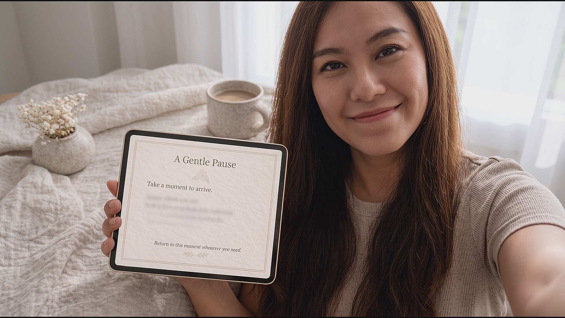 Short video of a woman reading a digital ritual card on a tablet in a calm, neutral home environment, demonstrating a gentle daily mindfulness practice.