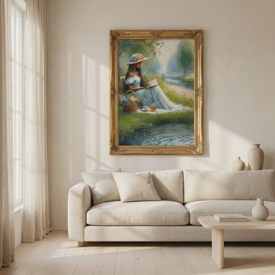 Video showing large-scale framed vintage portrait art displayed in a living room setting to demonstrate size and atmosphere.