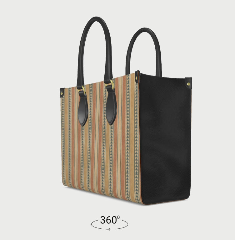 Angled 360-degree product view of the Solara Stripe Microprint™ Shopper Bag, highlighting the structured shape, microprint pattern, and black leather trim.