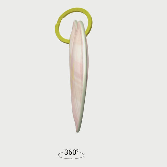 360 video view of pink plaid leather keychain with text "Loved" and gold hardware