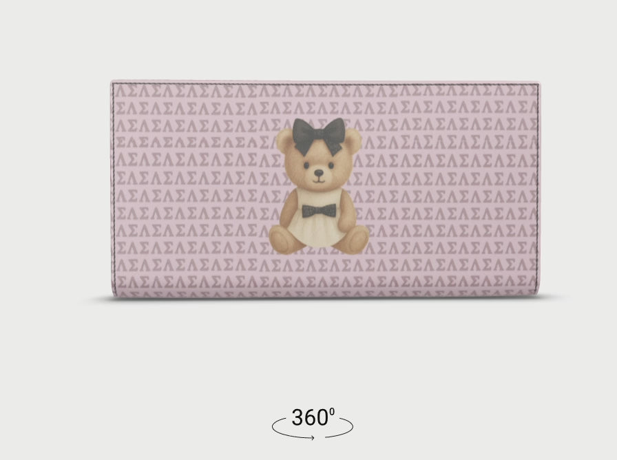 360-degree rotating view of the Le Petit Teddy™ Noir Microprint Wallet, showing the full-grain Nappa leather texture, couture teddy emblem, and repeating Greek-letter monogram from all angles.