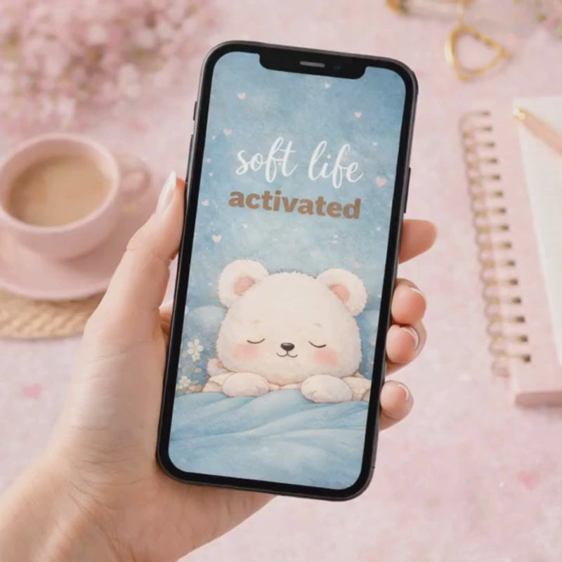 Video of hand holding smartphone displaying cute wallpaper lockscreen with cozy teddy bear illustration 