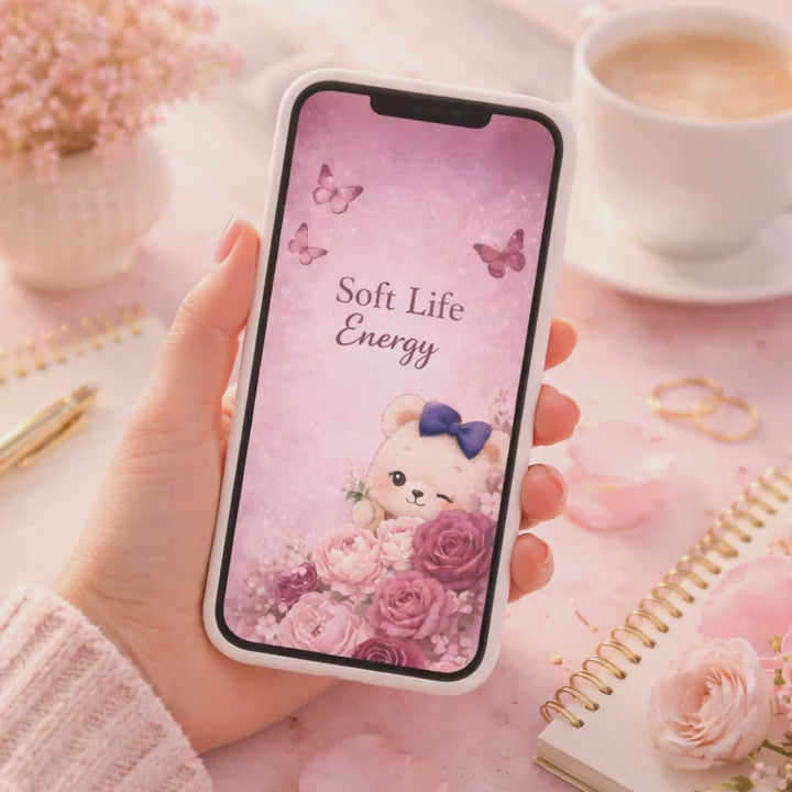 Hand holding smartphone with "Soft life Energy" lockscreen wallpaper.