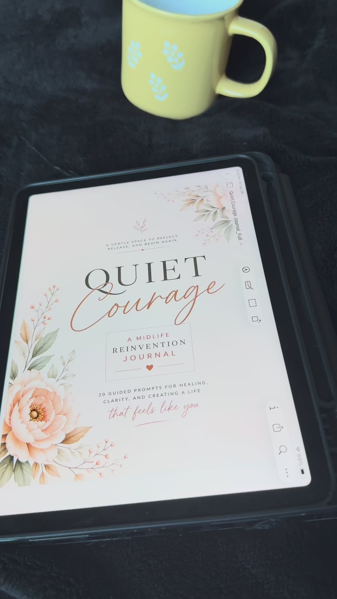 Quiet Courage digital journal video preview on iPad, guided self reflection journal, printable PDF journal for women, soft life journal