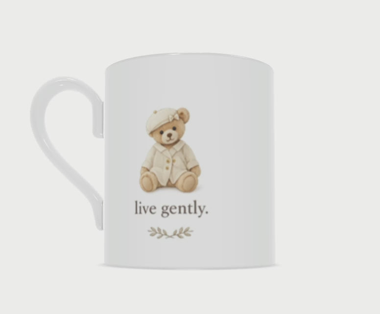 360 video of 'Live Gently' teddy bear bone china mug