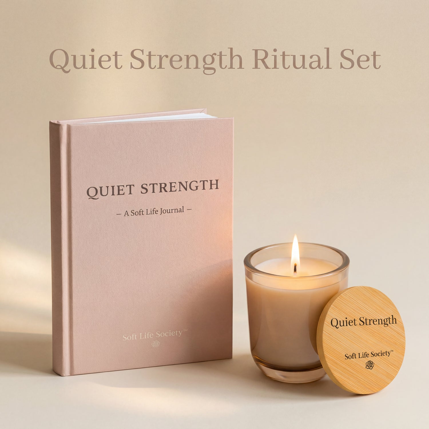 Quiet Strength journal and candle set on a beige background