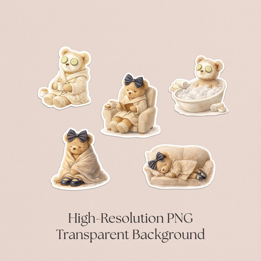 Set of five bear illustrations with different poses on a beige background, labeled 'High-Resolution PNG Transparent Background'.