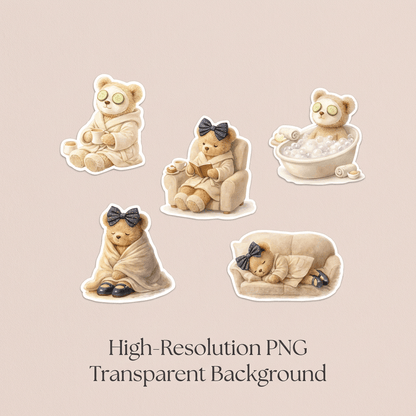 Set of five bear illustrations with different poses on a beige background, labeled 'High-Resolution PNG Transparent Background'.