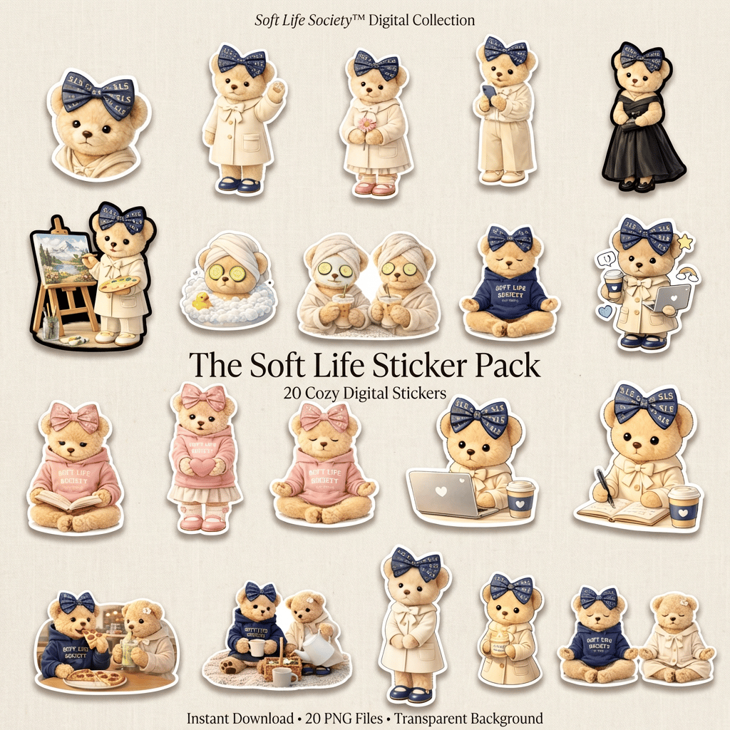 Collection of digital stickers featuring Lumi teddy bears in various poses on a beige background.