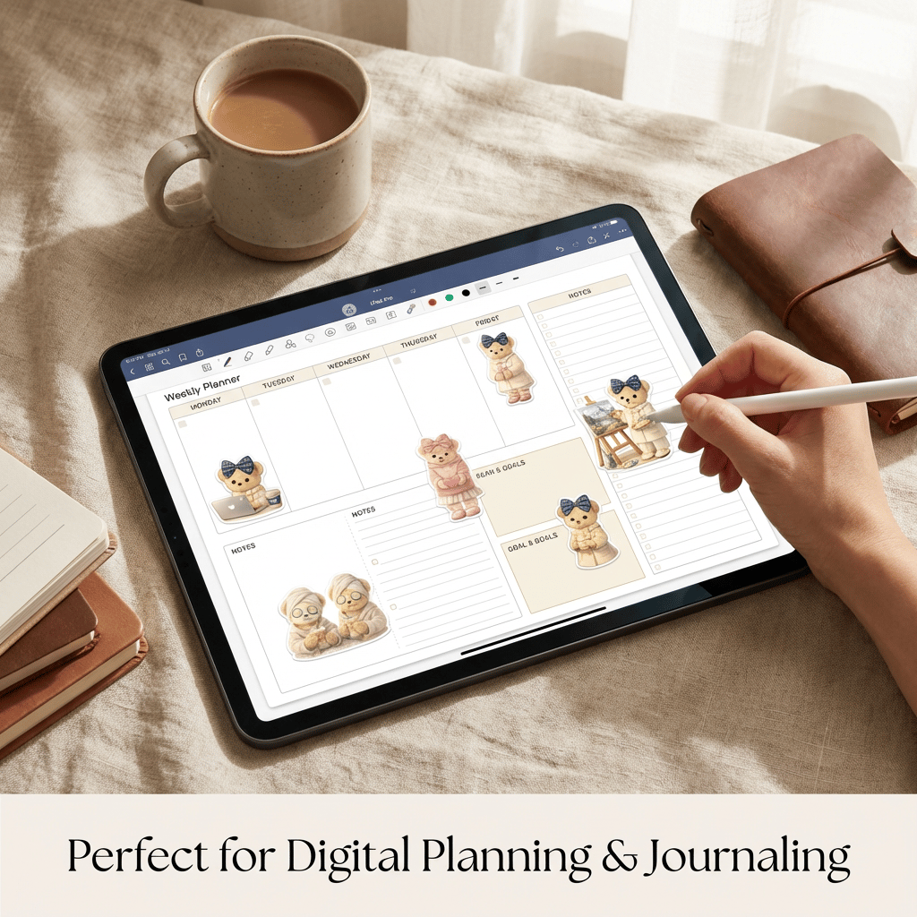 Person using a tablet with digital planning software on a table with a cup of coffee and notebook.