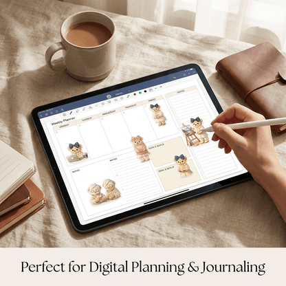 Person using a tablet with digital planning software on a table with a cup of coffee and notebook.