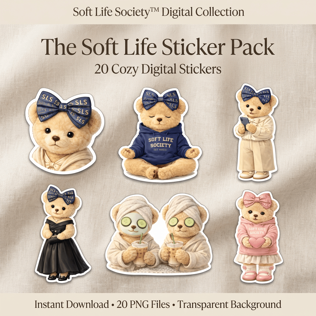 Cover of 'The Soft Life Sticker Pack' with digital stickers of teddy bears on a beige background.