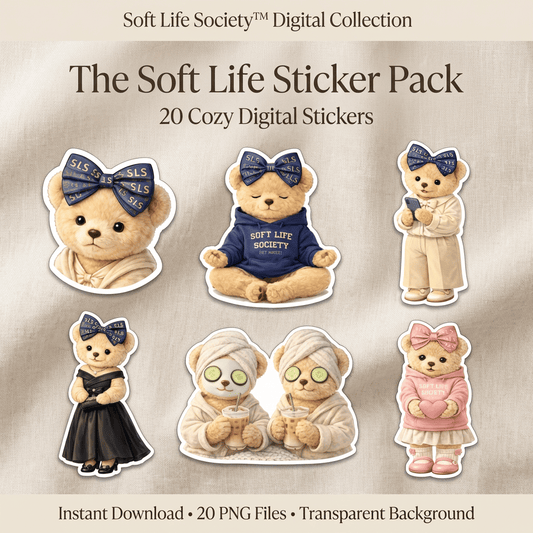 Cover of 'The Soft Life Sticker Pack' with digital stickers of teddy bears on a beige background.