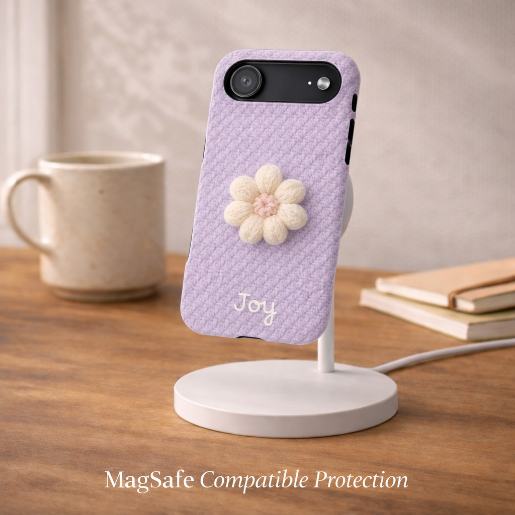 Purple textured phone case with a flower design and 'Joy' text on a charging stand, next to a mug and books.