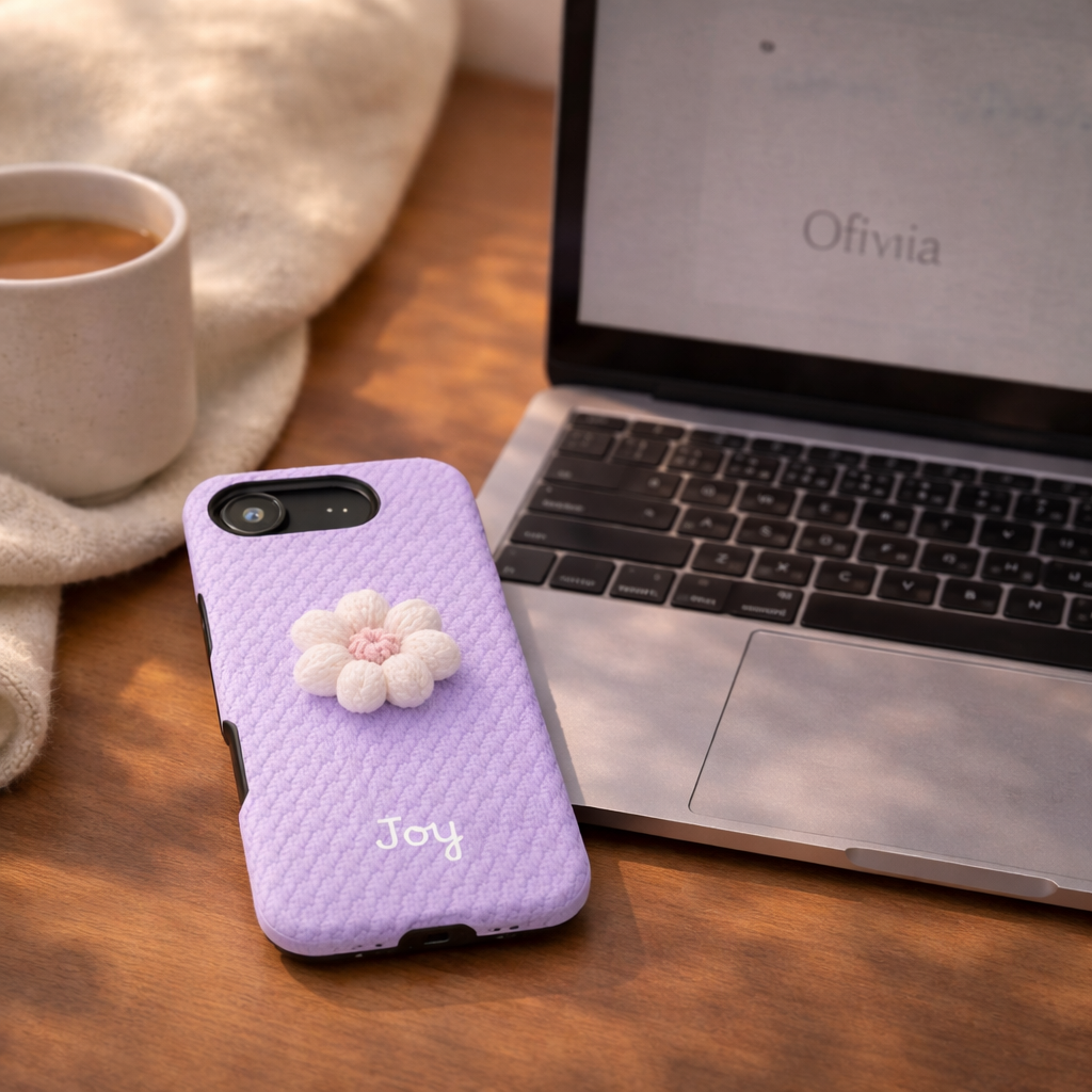 Purple phone case with a flower design next to a laptop on a wooden surface.