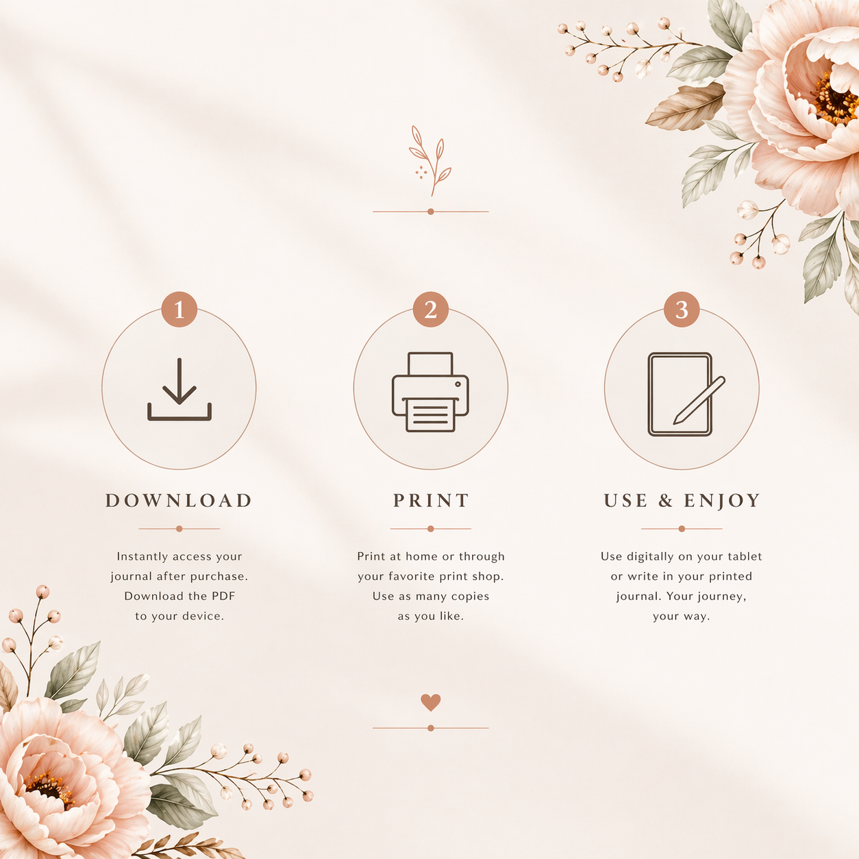 how to use printable journal, download print use steps, digital product instructions journal, instant download guide
