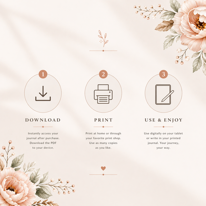 how to use printable journal, download print use steps, digital product instructions journal, instant download guide