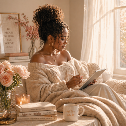 woman journaling cozy aesthetic, soft life journaling moment, healing journal lifestyle image, self care journaling scene
