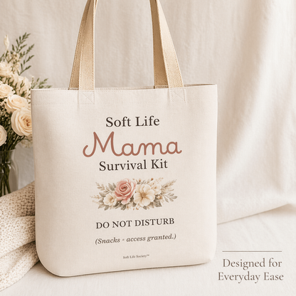 Tote bag with 'Soft Life Mama Survival Kit' text and floral design on a neutral background