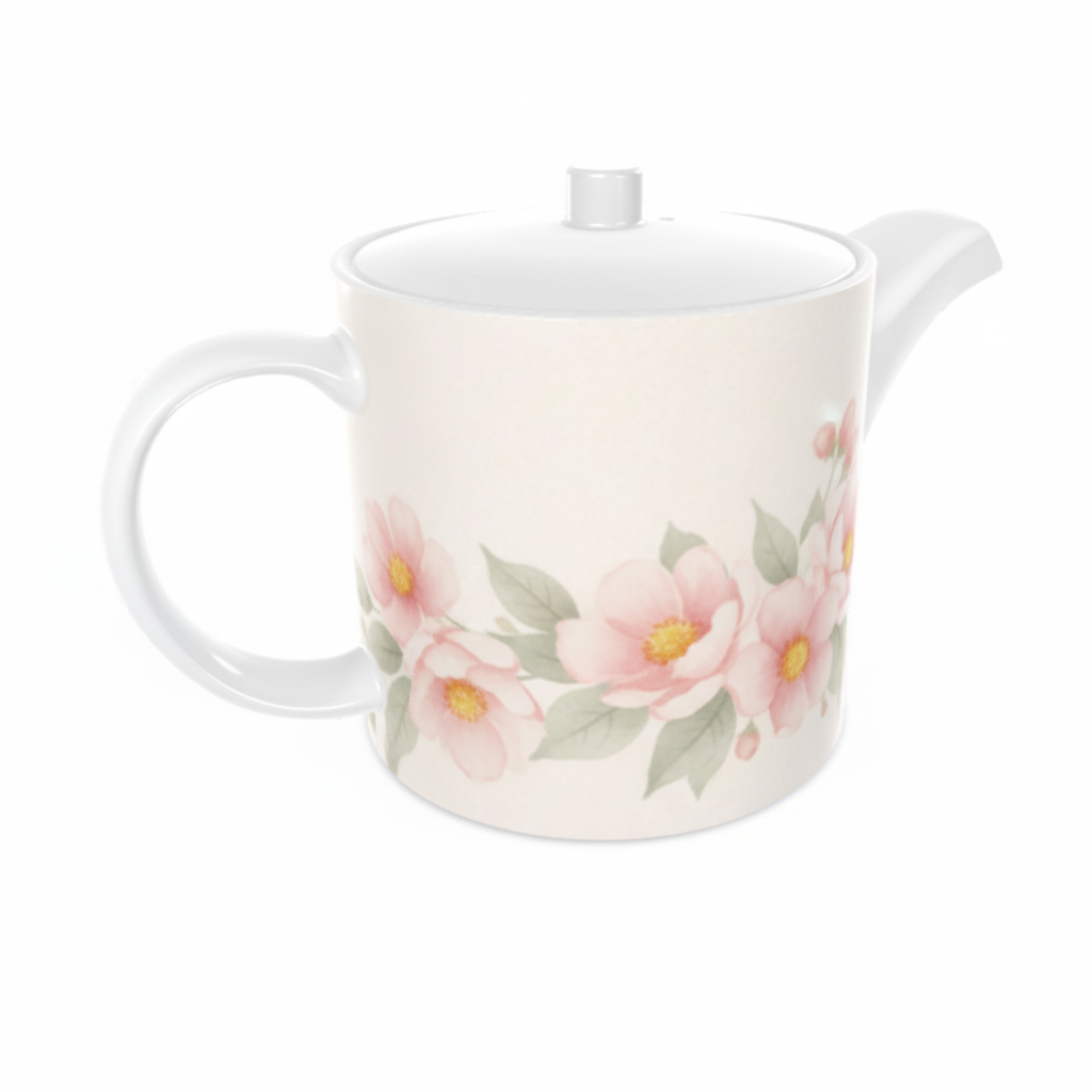 White ceramic teapot with floral design on a white background