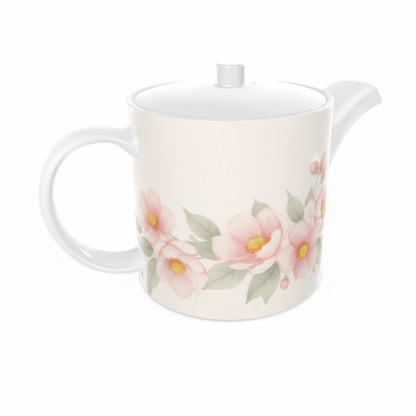 White ceramic teapot with floral design on a white background