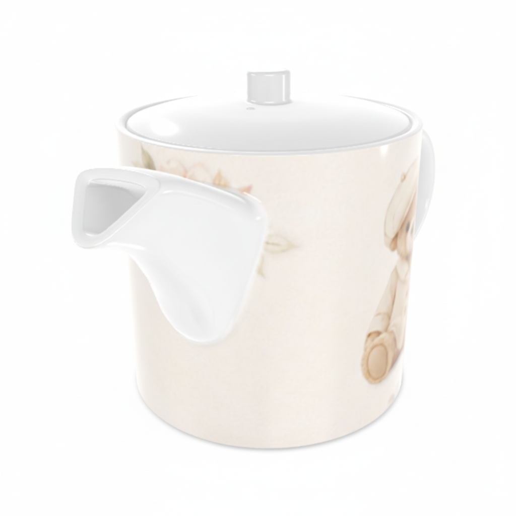 White ceramic teapot with marble pattern on a white background