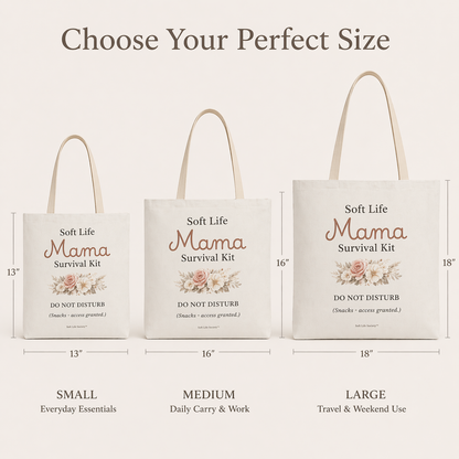 Three tote bags labeled 'Soft Life Mama Survival Kit' with dimensions and usage notes on a light background.
